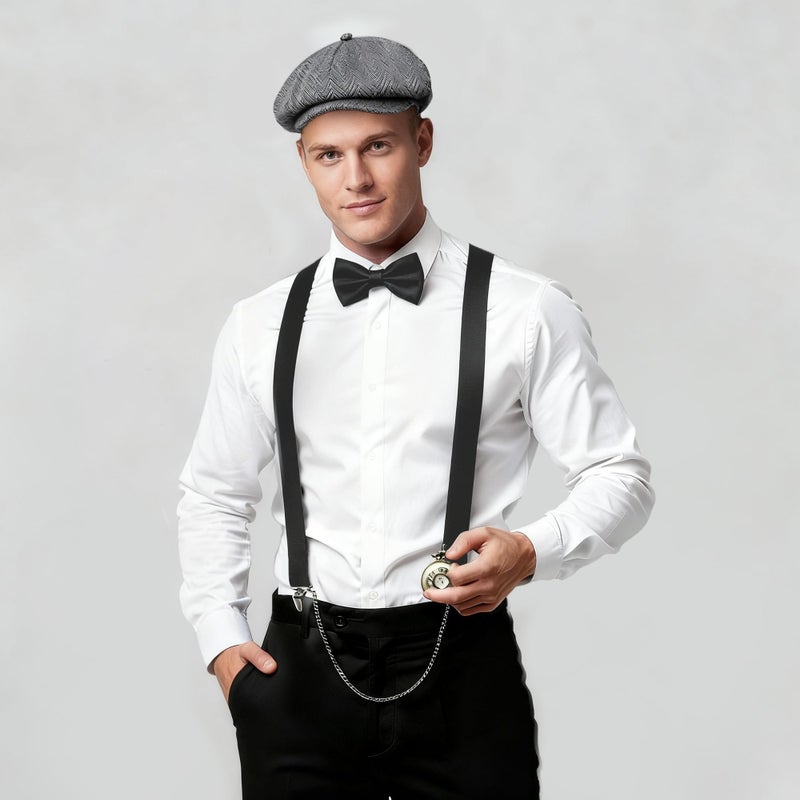 BABEYOND 1920s Mens Gatsby Gangster Costume Accessories Set 30s Manhattan Fedora Hat Bow Tie Suspenders - Image 3